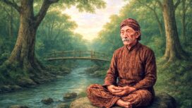 Ilustrasi sosok lelaki guru spiritual sedang meditasi di tempat sunyi. (Gambar AI. Co Pilot)