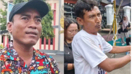 Dua tokoh kabupaten Pati, Jawa Tengah, Supriyono alias Botok dan Teguh Istiyanto pimpinan Aliansi Masyarakat Pati Bersatu (AMPB) saat menghadapi pengadilan di PN Pati. Mereka dituduh melakikan pemblokorain jalan Pati-Juwana 28 Oktober 2025. Mereka adalah tokoh yang berhasil menggerakan 150.00 orang untuk aksi demo melawan Sudewo, bupati Pati. Foto_suaramuda.net