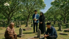 Ilustrasi suasana sedang melakukan ziarah kubur. (Copilot.AI)