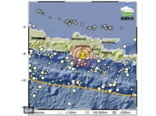 Peta gempa yang terjadi pada pukul 08.20 WIBm Selasa, 27 Januari 2026, pada kedlaaman 105 km partai wilayah pacitan. Dikabarkan belum ada dampak atau pun tsunami. Foto: BMKG