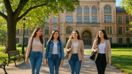 Ilustrasi suasana mahasiswi berada di sebuah kampus. (Copilot.AI)