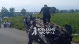 Sebuah Innova terbalik di ring road Mojoagung, Sabtu pagi, 31 Januari 2026. Dalam kecelakaan tunggan ini sopir mengaku mengantukl, sehingga kehilangan kendali. Foto: Instagram@jombang_informasi