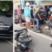 (Kiri) Mobil Avanza L 1537 E, menabrak enam mtoro di persimpangan Jl. Hasyim As'ari, Jombang Sabtu sore, 25 Januari 2026. Enam motor ringksesk, satu mobil pikap tertabak, satu korban meninggal dunia dan enam lainnya dibawa ke rumah sakit. Foto: kredoneww.com/ kolase/ elok apriyanto