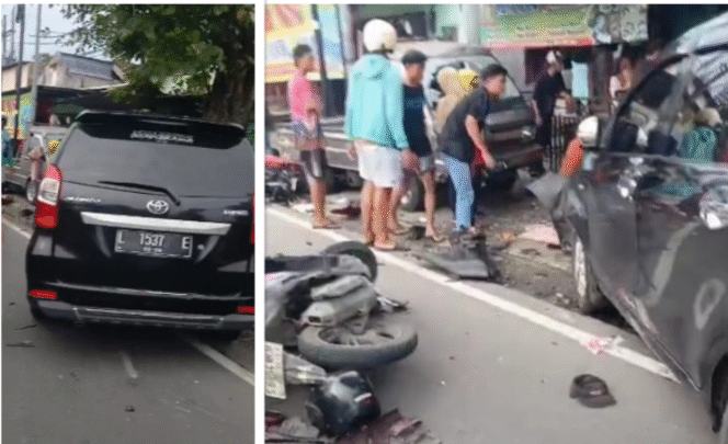
					(Kiri)  Mobil Avanza L 1537 E, menabrak enam mtoro di persimpangan Jl. Hasyim As'ari, Jombang Sabtu sore, 25 Januari 2026. Enam motor ringksesk, satu mobil pikap tertabak, satu korban meninggal dunia dan enam lainnya dibawa ke rumah sakit. Foto: kredoneww.com/ kolase/ elok apriyanto