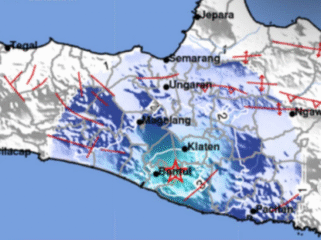 Warna biru pada peta ini menunjukkan wilayah Sesar Opak yang sedang aktif. Menyebabkan wialayah Jogjakarta diguncang gempa sebanyak 22 kali dalam sepekan, data hingga Jumat, 6 Februari 2026. Foto: BMKG