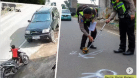 (Kiri) Bocah 7 tahun nongkrong di atas motor pinggir jalan menunggu ibunya belanja sosi. Tiba-tiba muncul sebuah mobil tak terkendali menabrak motor dan bocah itu hingga terlempar 10 meter. (Kanan) Polisi sedang melakukan olaj TKP, kecelakaan yang tewrjadi Minggu, 15 Febaruari 2026. Foto: Instagram@pasuruankekinian