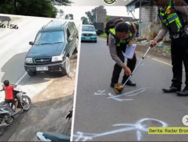 (Kiri) Bocah 7 tahun nongkrong di atas motor pinggir jalan menunggu ibunya belanja sosi. Tiba-tiba muncul sebuah mobil tak terkendali menabrak motor dan bocah itu hingga terlempar 10 meter. (Kanan) Polisi sedang melakukan olaj TKP, kecelakaan yang tewrjadi Minggu, 15 Febaruari 2026. Foto: Instagram@pasuruankekinian