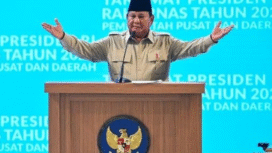 Presiden Prabowo Subianto berbicara di depan sekitar 4500, peserta Rakornnas yang diselenggarakan Kementerian Dalam Negeri dengan tema