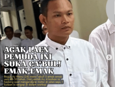 Sebelum sebelum ditangkap 9 Agustus 2025, Bagus Aji Wisnu, 24, sudah melakukan perbuatan cabul kepada lima perempuan dengan usia 40-50 tahun. Ia ditangka. Rabu 11 Februari 2026, ia diadili di PN Mojokeertu, dengan tuntutan 2.5 tahun penjara. Foto: Isntagram@kabarmojokerto