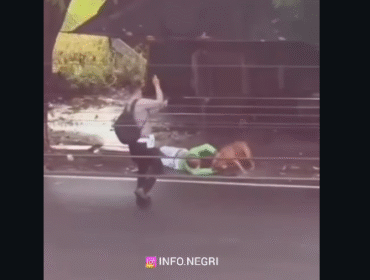 Aipda M Fajri tengah mengayun-ayun tongkat memukuli anjing Pitbuul, yang sedang mecabik-cakib Nur samsi, lansia berusia 68 tahun. Foto: Instagram@infonegeri