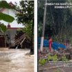 (Kiri) Perempuan seorang warga bertahan di lantai atas rumahnya, saat sungai Bedadung meluber akibat hujan ekstrem selama dua hari, Kamis-Jumat 12-23 Februari 20-26. (Kanan) Jembatan gantung penghubung Dusun Darungan Lor dan Dusun Darungan Kidul, di Desa Jubung, Kecamatan Sukorambi, kembali putus akibat diterjang banjir luapan Sungai Bedadung, pada Kamis (12/2/2026) malam. Foto: Instagram@explorejember
