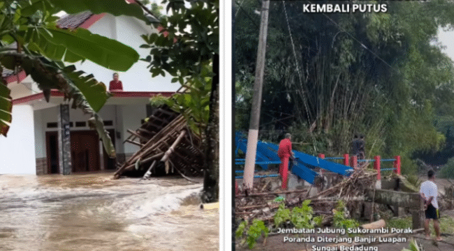 (Kiri) Perempuan seorang warga bertahan di lantai atas rumahnya, saat sungai Bedadung meluber akibat hujan ekstrem selama dua hari, Kamis-Jumat 12-23 Februari 20-26. (Kanan) Jembatan gantung penghubung Dusun Darungan Lor dan Dusun Darungan Kidul, di Desa Jubung, Kecamatan Sukorambi, kembali putus akibat diterjang banjir luapan Sungai Bedadung, pada Kamis (12/2/2026) malam. Foto: Instagram@explorejember
