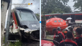 KA 806A Commuter Line yang tertemper truk di perlintasan Poris-Batu Ceper pada 20 Februari 2026 pagi. Foto: Instagram@info_tangerang