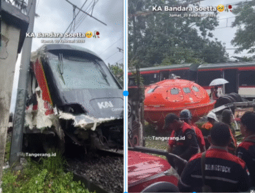 KA 806A Commuter Line yang tertemper truk di perlintasan Poris-Batu Ceper pada 20 Februari 2026 pagi. Foto: Instagram@info_tangerang
