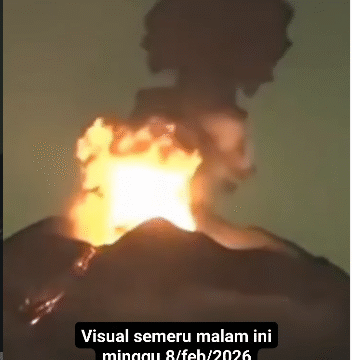 Gunung Semeru masih terus aktif erupsi, tercatar pada hari Minggu dan Senin, 8-9 Februari2026,  masih terjadi erupsi, hingga meluncurkan awan panasa setinggi 1.000 m. Foto: Instagram@mulyono_pro