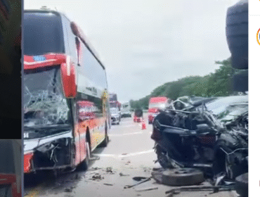 Kecelaakan beruntun ini terjadi, Sabtu sekitar vpukul 12.30 WIB, 7 Februari 2026. Antara Bus PO Rosalia Indah, Bagong, sebiuah cold diesel dan CRV. Tidak ada korban jiwa, tiga orang luka-luka. Foto: ,Instaghram@suarasurabayamedia