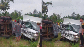 Ringsek total mobil MBG, bertabrakan adu muka dengan sebuah truk di Lampung Timur, menyebabkan sopir meninggal dunia, Kamis 12 Februari 2026. Foto: Instagram@liputan6