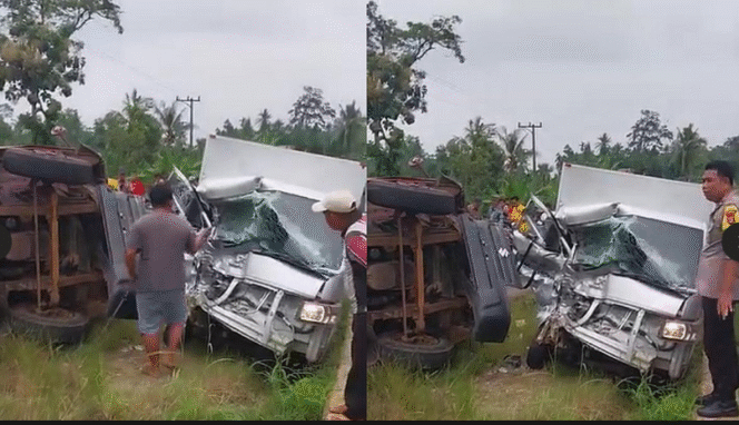
					Ringsek total mobil MBG, bertabrakan adu muka dengan sebuah truk di Lampung Timur, menyebabkan sopir meninggal dunia, Kamis 12 Februari 2026. Foto: Instagram@liputan6