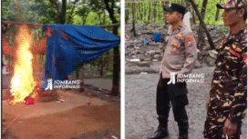 Jumat, 13 Febaruari 2026, aparatur keamanan Polsek Jomnbang, bersama apart Kormail, dan banser melakukan penggerebekan dan membakar arena adu ayam di dusun Sendangrejo, desa Banjardowo, Jombang. Foto: Instagram@jombanginformasi_