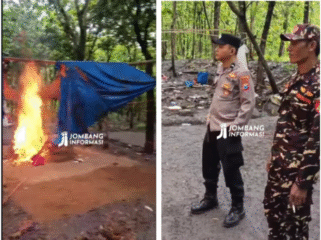 Jumat, 13 Febaruari 2026, aparatur keamanan Polsek Jomnbang, bersama apart Kormail, dan banser melakukan penggerebekan dan membakar arena adu ayam di dusun Sendangrejo, desa Banjardowo, Jombang. Foto: Instagram@jombanginformasi_