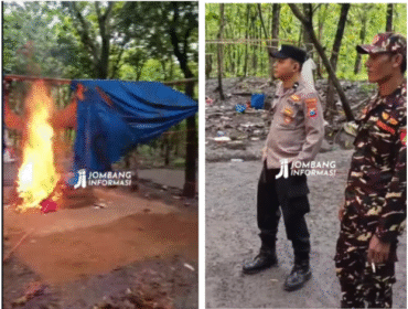 Jumat, 13 Febaruari 2026, aparatur keamanan Polsek Jomnbang, bersama apart Kormail, dan banser melakukan penggerebekan dan membakar arena adu ayam di dusun Sendangrejo, desa Banjardowo, Jombang. Foto: Instagram@jombanginformasi_