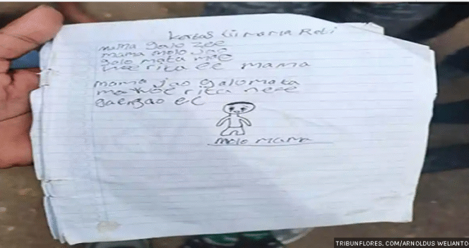 
					Inilah surat peninggalan siswa SDMn IV Ngada, ia pamit kepada ibunya yang tidak punya uang untuk membelikan bukiu pelajara. Selamat jalan nak, kamu temukan surgamu. Foto: tribunflores.com