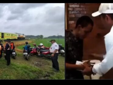 (Kiri) Kecelakaan antara KA dan truk air yang disopiri Abdi. (Kanan) Kang Dedi Mulyadi beri bantuan berupa santunan Rp5 juta, plus bayar denda Rp400 juta bila putusan pengadilan telah menyatakan denda itu. Foto: ist/instagram@dedimulyadi71