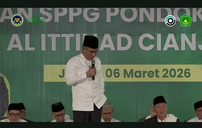 
					Gus Yahya Staquf sedang memberikan sambutan peresmian SPPG di ponpes Al-Ittihad Cianjur. Foto: tangkap layar video Youtube@NU Online