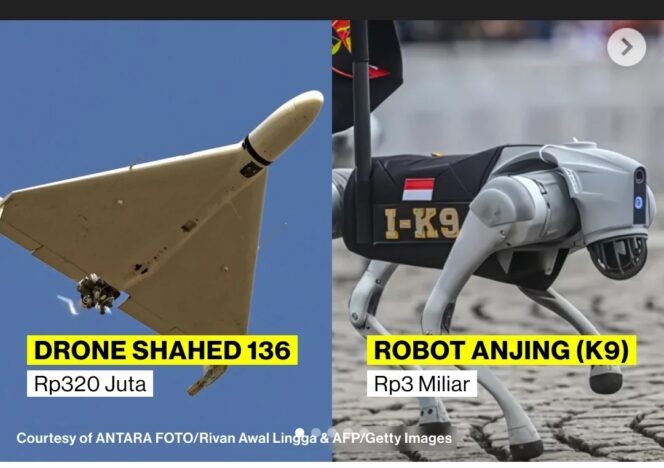 
					Iran gagah punya drone Shahed yang terbukti hebat untuk menyerang ⁹. Polri punya 14 unit Robodog K9 Rp3 miliar/unit. Foto: Instagam/ist
