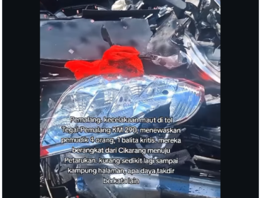 Kondisi kencaraan Calya remuk, setelah menbrak sisi kiri sebuah truk perjalanan dari Menuju Pemalang. Polisi dari Satuan Lalu Lintas (Satlantas) Polres Tegal menangani kecelakaan maut keluarga Gunawan di Tol Pejagan-Pemalang KM 290+700 pada 19 Maret 2026. Foto: Instagaram@batanghelp