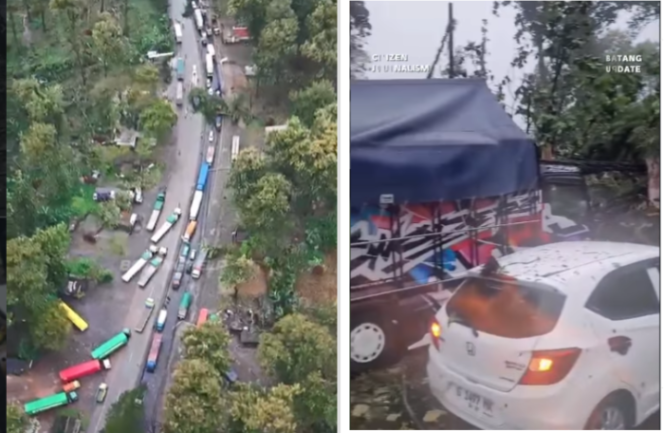 
					Suasana kemacetan di kabuoaten Batang, jawa Tengah, usai dihantam hujan deras diserta angin, Rabu 4 Maret 2026. menyebabkan tiga orang tewas terimpa pohon tumbang, kemacetan ratusan kendaraan hingga 3-4 km selama 5 jam. Foto: Instagram@batang help/batang update