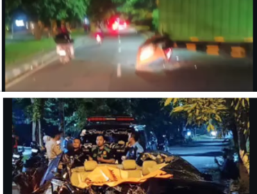 Kap sedang Civic nyantol di bak kanan truk Fuso, sementara sopi pengendara kendaraan itu tewas terjepit dalam kemudi. Kondisi Honda Civic bernopol L 1809 BAI tingsek berat. Foto: Instagram@tentang_sidoarjo