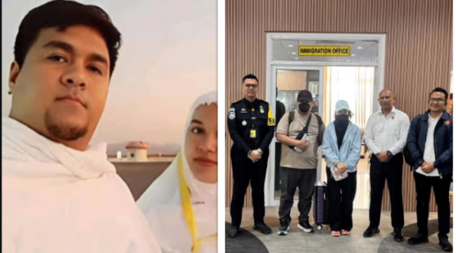 (kiri) Saat Andi hakim Feriansyah dan istri sedang melaksanakan umrah. (kanan) Petiugas imigrasi langsung menangkap mdan menahanan mereka berdua saat tiba di bandara Kualanamu, Medan, Senin 30 Maret 2026. Foto: Insgatam@topikserucom
