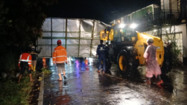 Pohon tumbang melintang di jalanan, terjadi Sabtu sore, 28 Maret 2026, tim BPBD melaksanakan pemebrsihan dan evakuasi pohon tumbang. Foto: Dok/BPBD Jombang