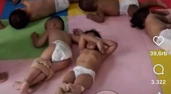 Bocah bocah bayi usia 1 sampai 5 tahun ini tidur tanpa baju dan alas tidur, cuma pakai pumpers, kaki diikat agar meteka tidak berjeliara. Terjafi di yayasan daycare Little Aresha, Umbulharji  Yogyajarta. Foto: ist