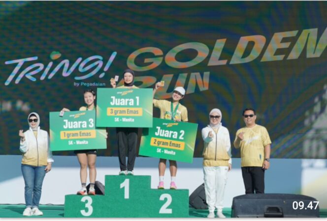 
					Juara I, II dan III Tring! Golden Run 2026 perdana, Minggu 25 April 2025. Diselenggarakan oleh PT Pegadaian Indonesia, mendonasikan Rp 1,250 untuk atlet Indonesia. Foto: dok/ panitia