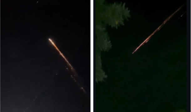 Warga masyakar di sekitar Lampung, bisa menyaksikan secara jelas sekaligus bernayka yang melakukan rekaman video, pada Sabtu malam sekitar pukul 20.00 WIB, 4 April 2025. Para ahli menyebutnya seb agau benda serpihan roket jatuh ke samudera. Foto: Kolase/ist