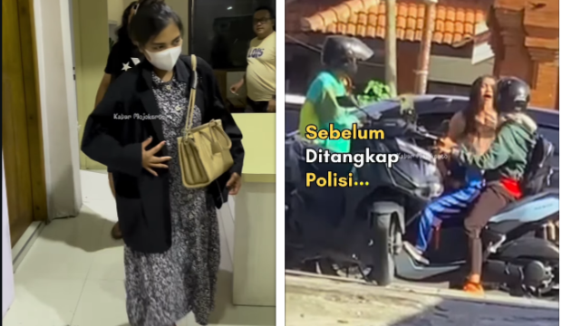 Insiden percocokan di jalan, seorang perempuan dijemput polisi Polres Mojokerto, karena dilaporkan menoyor anak kecil, dan merempas kuncil kontak pengendara motor, di Mojokerto. Foto: kolase Instagram@kabarmojokerto.id