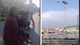 (Kiri) Warga di Maluku Tengah melakukan penyelamatan diri dengan cara keluar rumah berkumpul di jalan-jalan, menghidari bangunan roboh. (Kanan) tiang listrik di Pelabuhan Kota Weda berayun-ayun. Foto: Instagram@media_indonesia