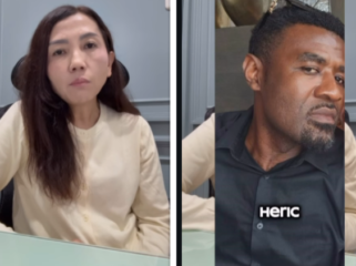 (Kiri) Ali  Widiastuti atau Wiwie bertemu tersangka Heric Simphorien Mbouya (alias William Leboeuf), warga Cirebon keturunan Kamerun. Ibu single parent ini mengaku kena tipu hingga Rp 2,1 miliar, urusannya juga  macet di kepolisian. Foto: Instagram@radarcirebon