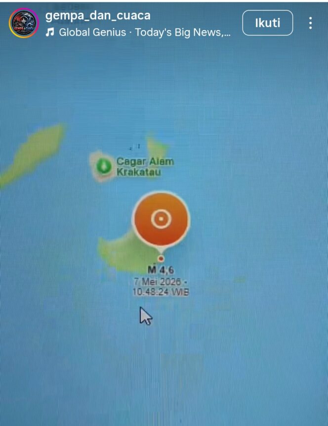 
					Gempa dengan mengnetudo 4.6 terjadi di wilayah Selat Sunda, Kamis, 7 Mei 2026. Foto: Ist
