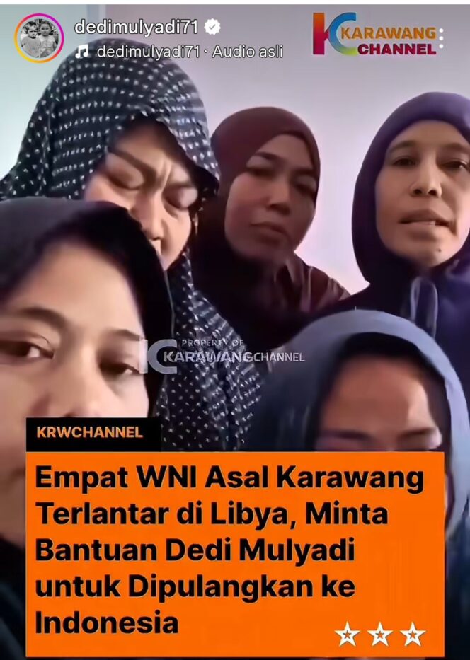 
					Empat perempuan TKW asal Karawang, Jawa Barat, mengadu dan minta tolong agar bisa pulang ke Indonesia. Permintaan ini langsung direspon Dedi Mulyadi, malam ini mereka berangkat dari Tripoli ke Indonesia. Foto: instagram@dedimulyadi71