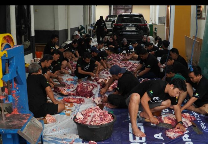 
					Panitia sedang sibuk berat membungkus saging menjadi 1.000 pajet, acara Id Adha PT Pegadaian Kanwil XII Surabaya potong 11 ekor sapi dan 78 ekor kambing. Foto: ist