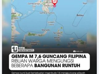 Gempa berkekuatan magnetudo  7.7 terjadi di wilayah Mindanao Selatam, terasa getarannya di Indonesia utara, Senin 8 Juni 2026. Foto: ist
