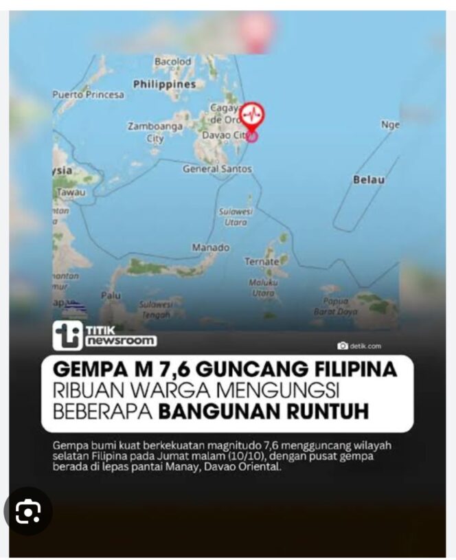 
					Gempa berkekuatan magnetudo  7.7 terjadi di wilayah Mindanao Selatam, terasa getarannya di Indonesia utara, Senin 8 Juni 2026. Foto: ist
