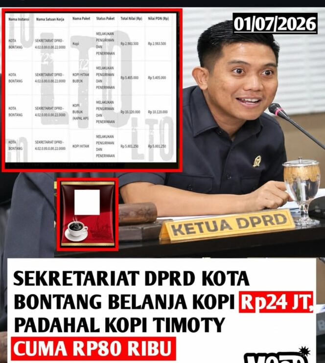 
					Warga mempertanyakan anggaran Rp24/ tahun untuk beli kopi konsumsi anggota DPRD Bontang, Kaltim. Foto: instagram@mood.bpn