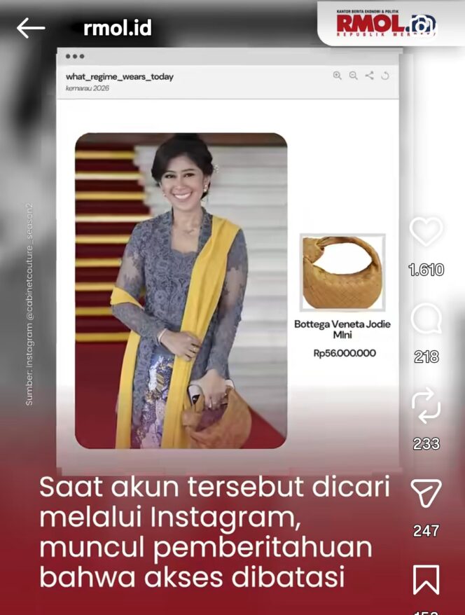 
					Akun instagram@cabinetcouture_idn diblokir ole Komdigi, aku ini suka memuat konten gaya hidupnorangbkaya, termasuk pejabat negara. Foto: instagram@rnol.id