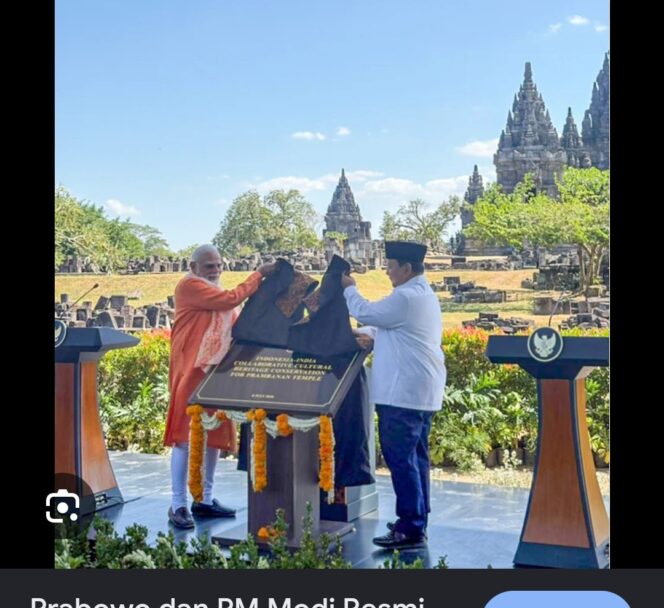 
					PM India, Narendra Modi melakukan perjlanan khusus ke candi Prambanan, Kalten, Jateng. Disana ia menandatangani prasasti kerja sama untuk melestarikan candi Syiwa itu, Rabu 8 Juli 2026. Foto: ist