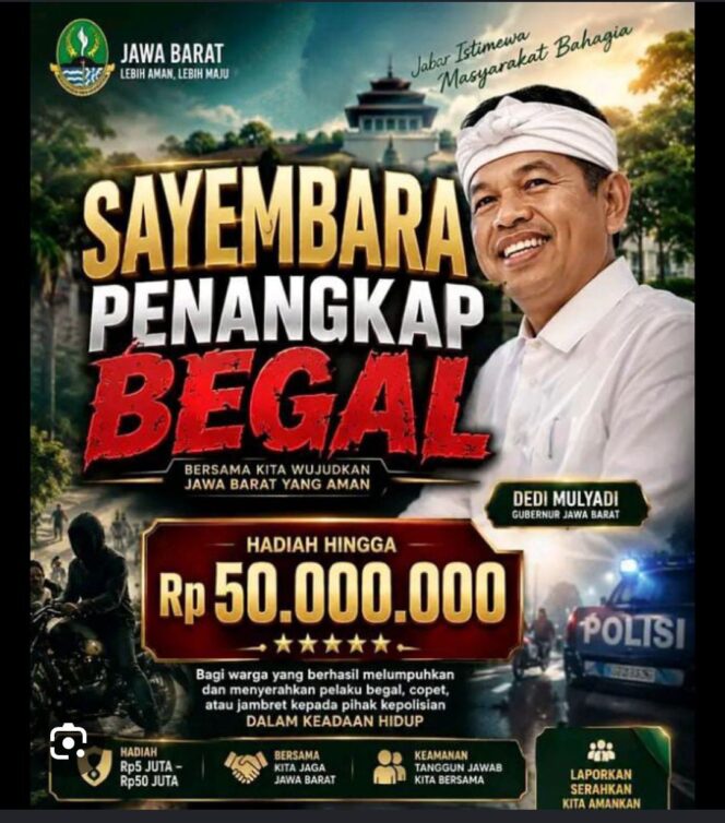 
					Gubernur Jawa Barat, Dedi Mulyadi buka sayembar berhadiah hingga Rp50 juta, bagi warga yang berhasil menangkap pelaku begal, pencuri, atau tindak kriminal lainnya. Foto: pemprov jabar