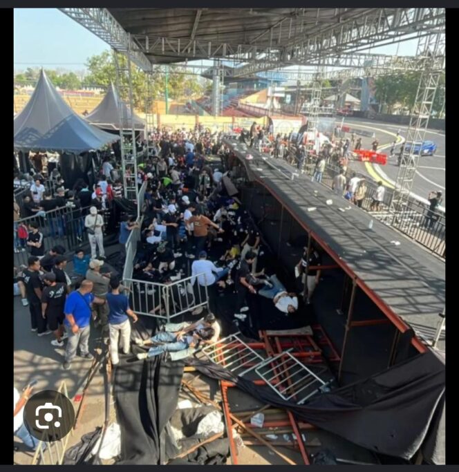 
					Insiden kecelakaan level tribun penonton acara Drift Nasional ambruk, di area GOR Banyumas, Jateng, Minggu siang, 26 Juli 2026. Foto: rri.com